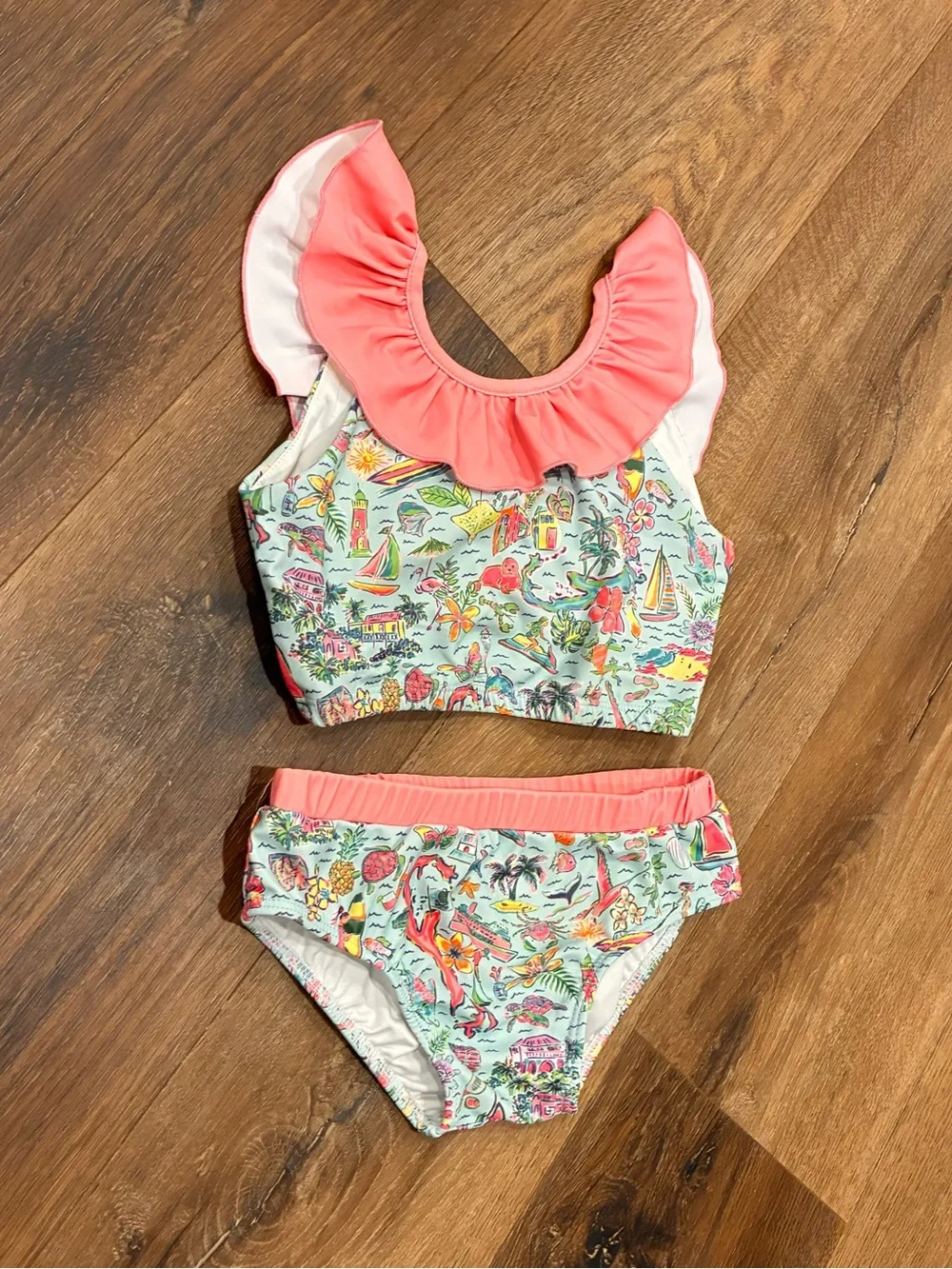 Southern Smocked Co Two Piece Tropical Swimsuit Ruffle Beach Vacation 5 Girl